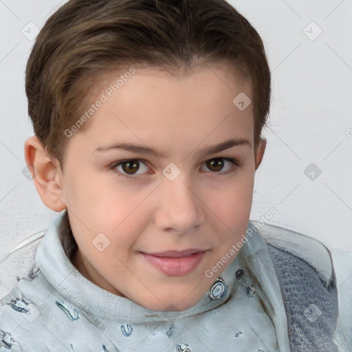 Joyful white child female with short  brown hair and brown eyes