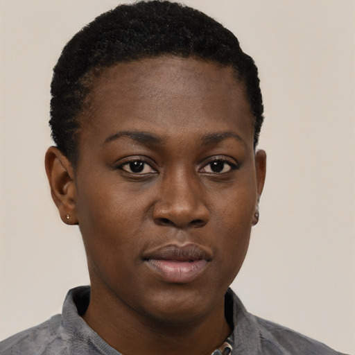 Neutral black young-adult female with short  black hair and brown eyes