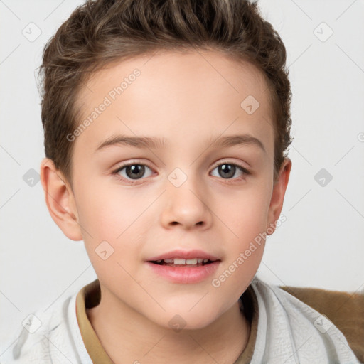 Joyful white child female with short  brown hair and brown eyes