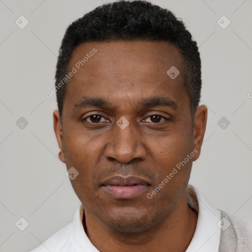 Neutral latino adult male with short  black hair and brown eyes
