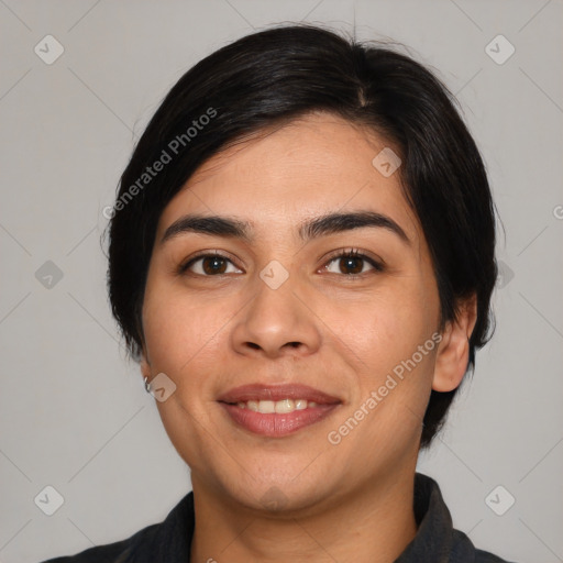 Joyful asian young-adult female with medium  black hair and brown eyes