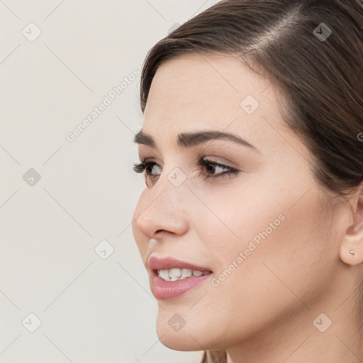 Neutral white young-adult female with long  brown hair and brown eyes