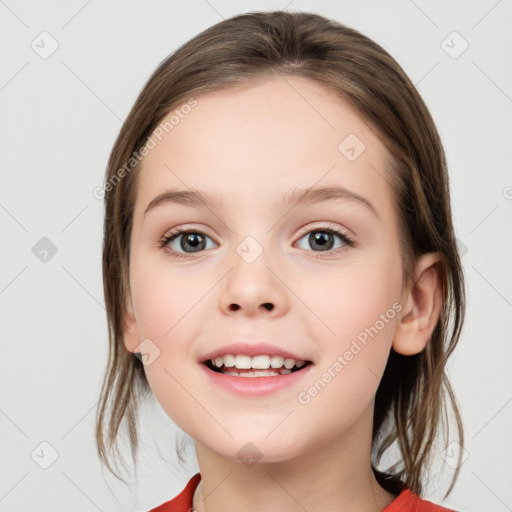 Joyful white child female with medium  brown hair and grey eyes