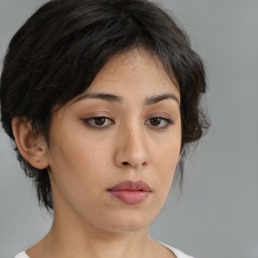 Neutral asian young-adult female with medium  brown hair and brown eyes