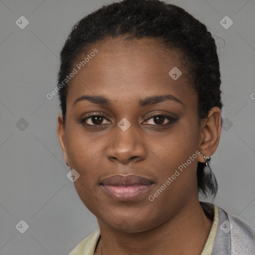 Neutral black young-adult female with short  black hair and brown eyes