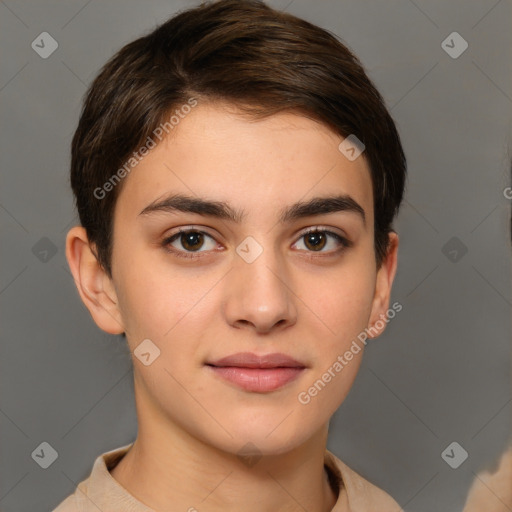 Joyful white young-adult female with short  brown hair and brown eyes