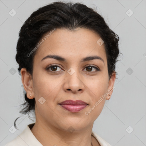 Joyful latino young-adult female with short  brown hair and brown eyes