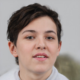 Neutral white young-adult female with short  brown hair and brown eyes