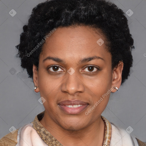 Joyful latino young-adult female with short  black hair and brown eyes