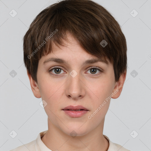 Neutral white young-adult female with short  brown hair and brown eyes