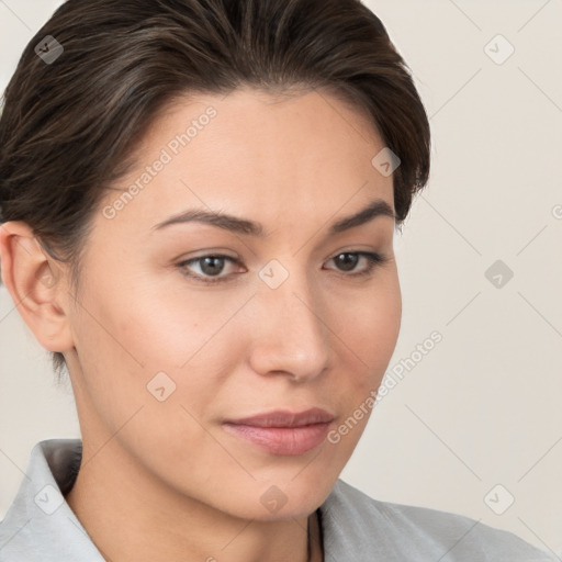 Neutral white young-adult female with short  brown hair and brown eyes