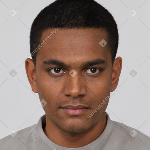 Neutral black young-adult male with short  black hair and brown eyes