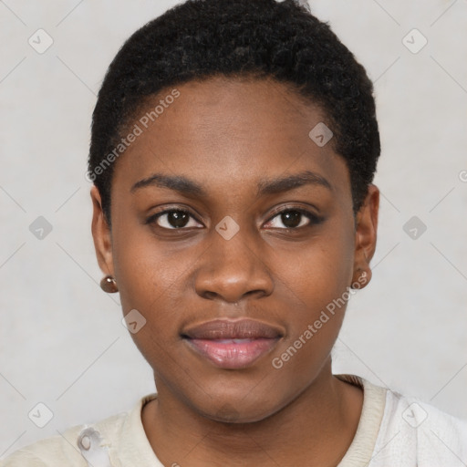 Joyful black young-adult female with short  black hair and brown eyes