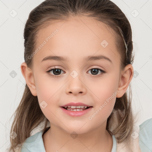 Joyful white child female with medium  brown hair and brown eyes