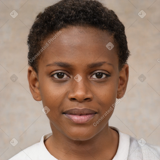 Joyful black child female with short  brown hair and brown eyes