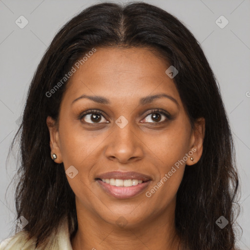 Joyful black young-adult female with medium  brown hair and brown eyes