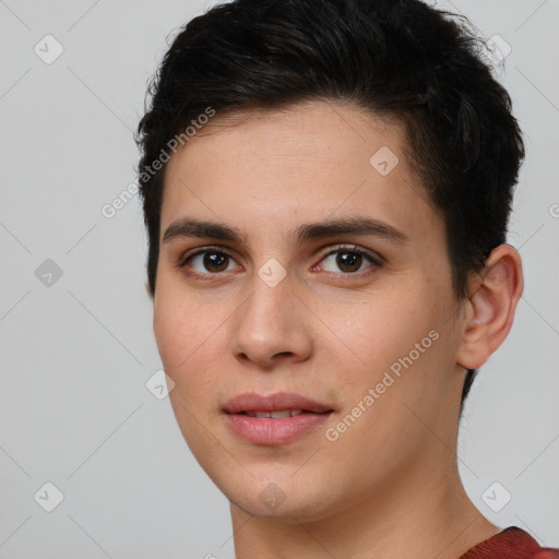 Joyful white young-adult female with short  brown hair and brown eyes