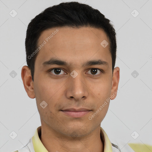 Neutral asian young-adult male with short  brown hair and brown eyes