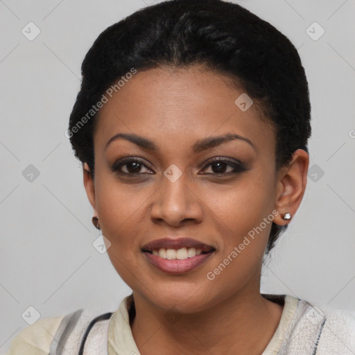 Joyful latino young-adult female with short  black hair and brown eyes