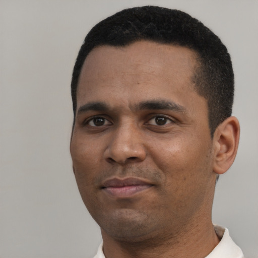 Neutral black young-adult male with short  black hair and brown eyes