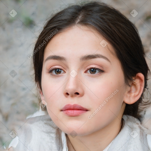 Neutral white young-adult female with medium  brown hair and brown eyes