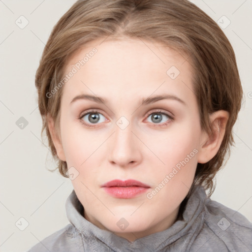 Neutral white young-adult female with medium  brown hair and blue eyes