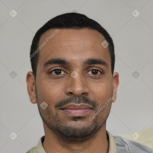 Neutral black young-adult male with short  black hair and brown eyes