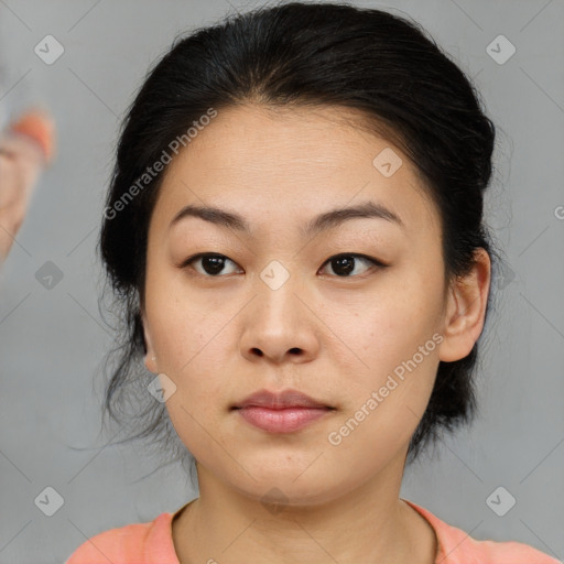 Neutral asian young-adult female with medium  brown hair and brown eyes