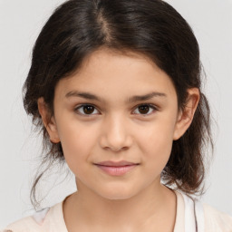 Joyful white child female with medium  brown hair and brown eyes