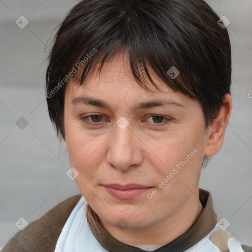 Joyful white adult female with short  brown hair and brown eyes