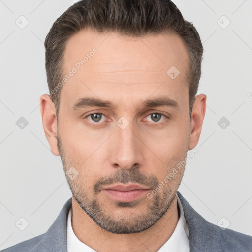 Neutral white adult male with short  brown hair and brown eyes