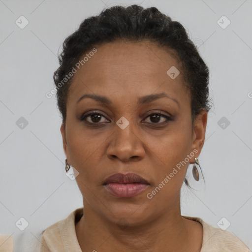 Neutral black adult female with short  brown hair and brown eyes