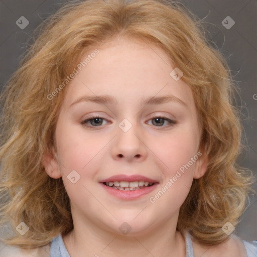 Joyful white child female with medium  brown hair and brown eyes