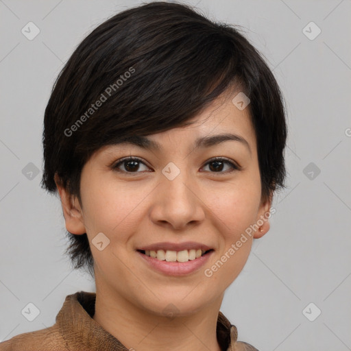 Joyful white young-adult female with medium  brown hair and brown eyes