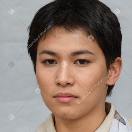 Neutral asian young-adult female with short  brown hair and brown eyes