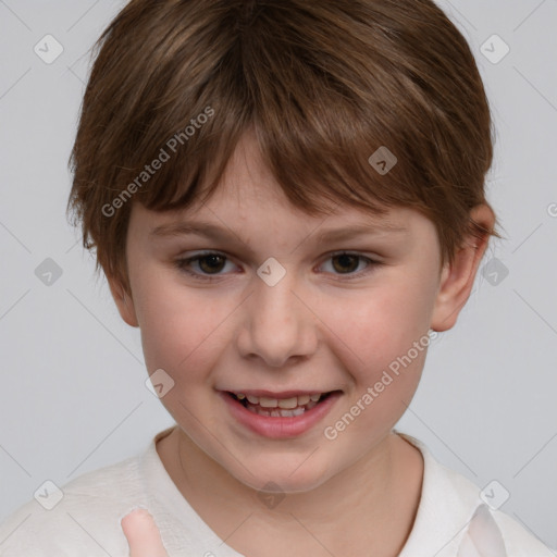 Joyful white child female with short  brown hair and brown eyes