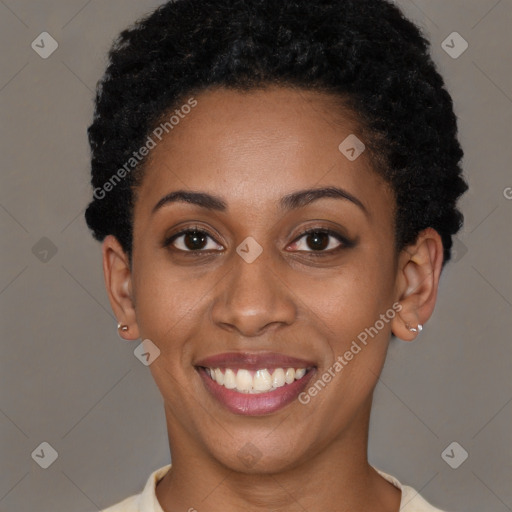 Joyful latino young-adult female with short  black hair and brown eyes