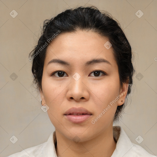 Neutral asian young-adult female with medium  brown hair and brown eyes