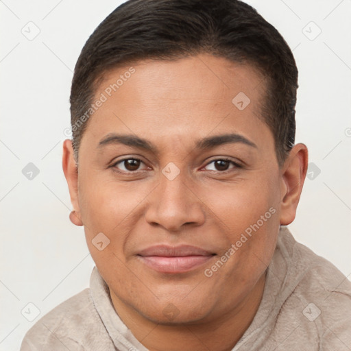 Joyful white young-adult female with short  brown hair and brown eyes