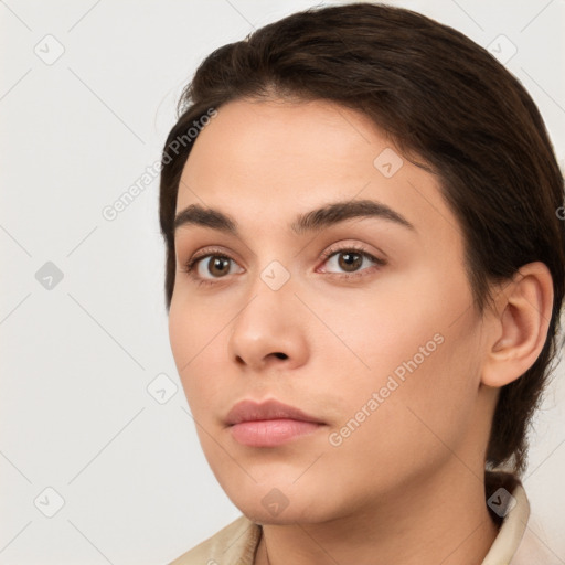 Neutral white young-adult female with medium  brown hair and brown eyes