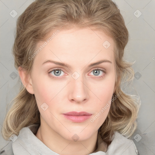 Neutral white young-adult female with medium  brown hair and blue eyes