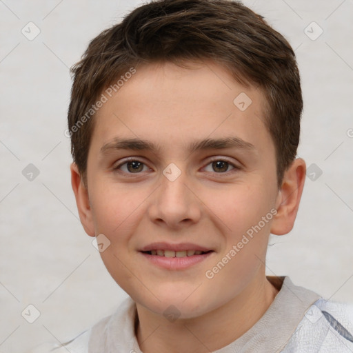 Joyful white child male with short  brown hair and brown eyes