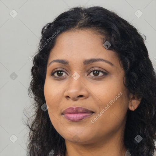 Joyful latino young-adult female with long  brown hair and brown eyes