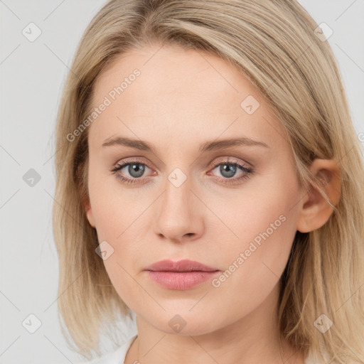 Joyful white young-adult female with long  brown hair and blue eyes