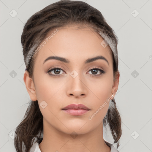 Neutral white young-adult female with medium  brown hair and brown eyes