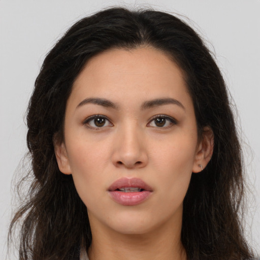 Neutral asian young-adult female with long  brown hair and brown eyes