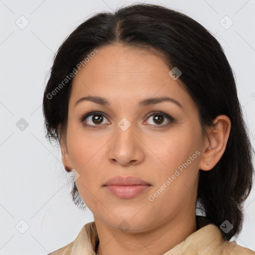 Neutral latino young-adult female with medium  brown hair and brown eyes