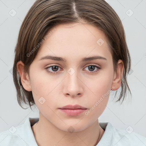 Neutral white young-adult female with medium  brown hair and brown eyes