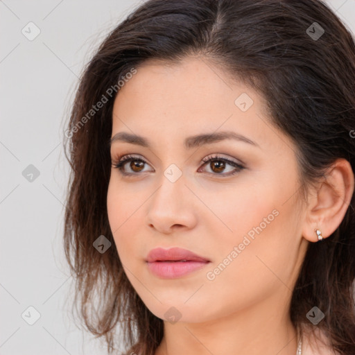 Neutral white young-adult female with long  brown hair and brown eyes