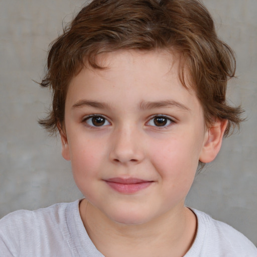 Joyful white child female with medium  brown hair and brown eyes